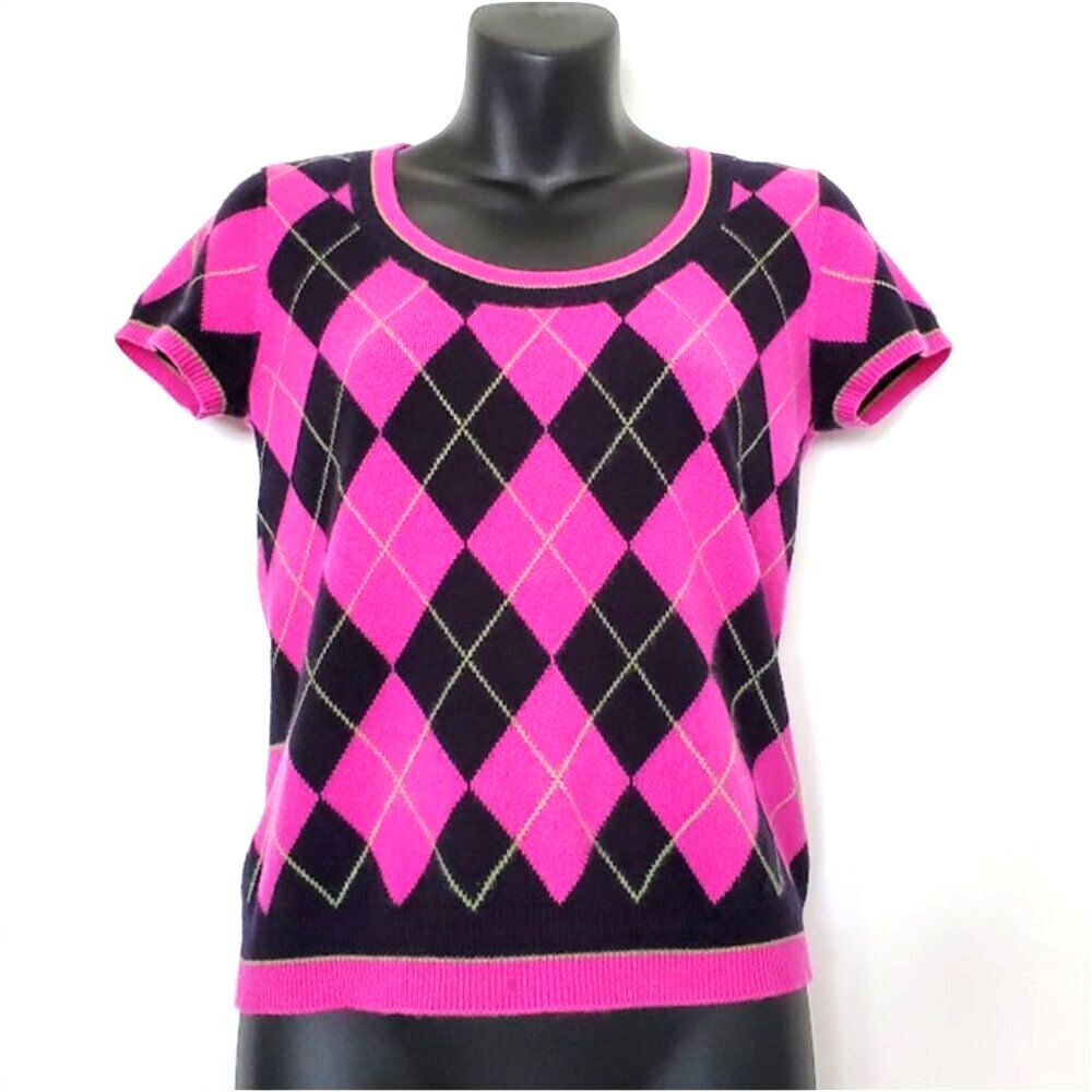 Talbots 100% Cashmere Argyle Short Sleeve Sweater Hot Pink Black S EUC Preppy